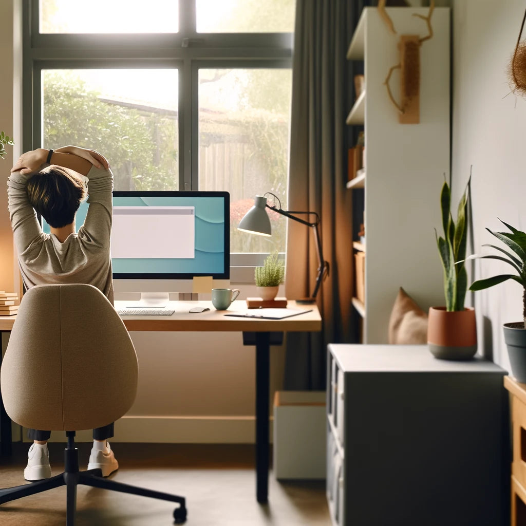 working from home, featuring a balanced workspace with relaxing elements.