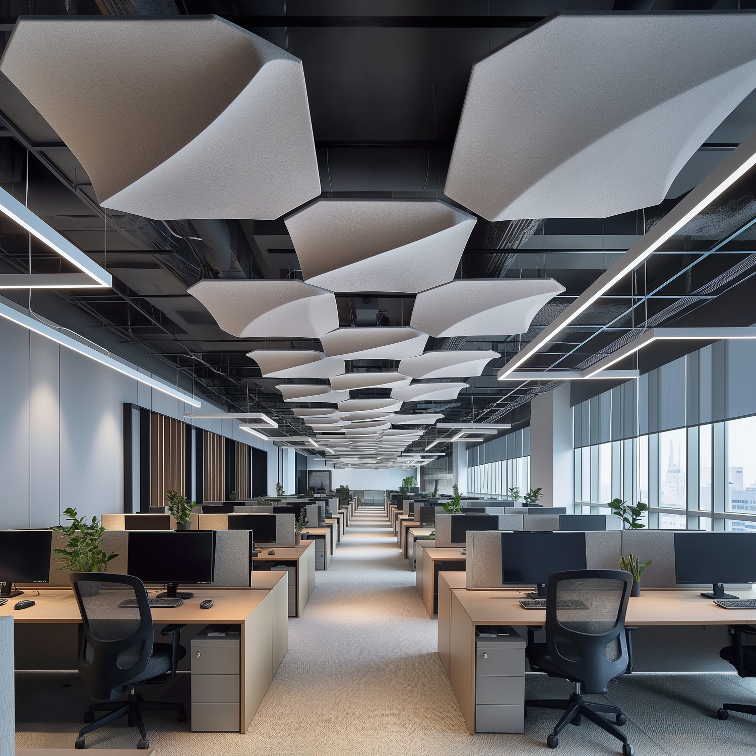 Innovative office design in a call centre setting, showcasing ergonomic furniture and employee-friendly layouts.