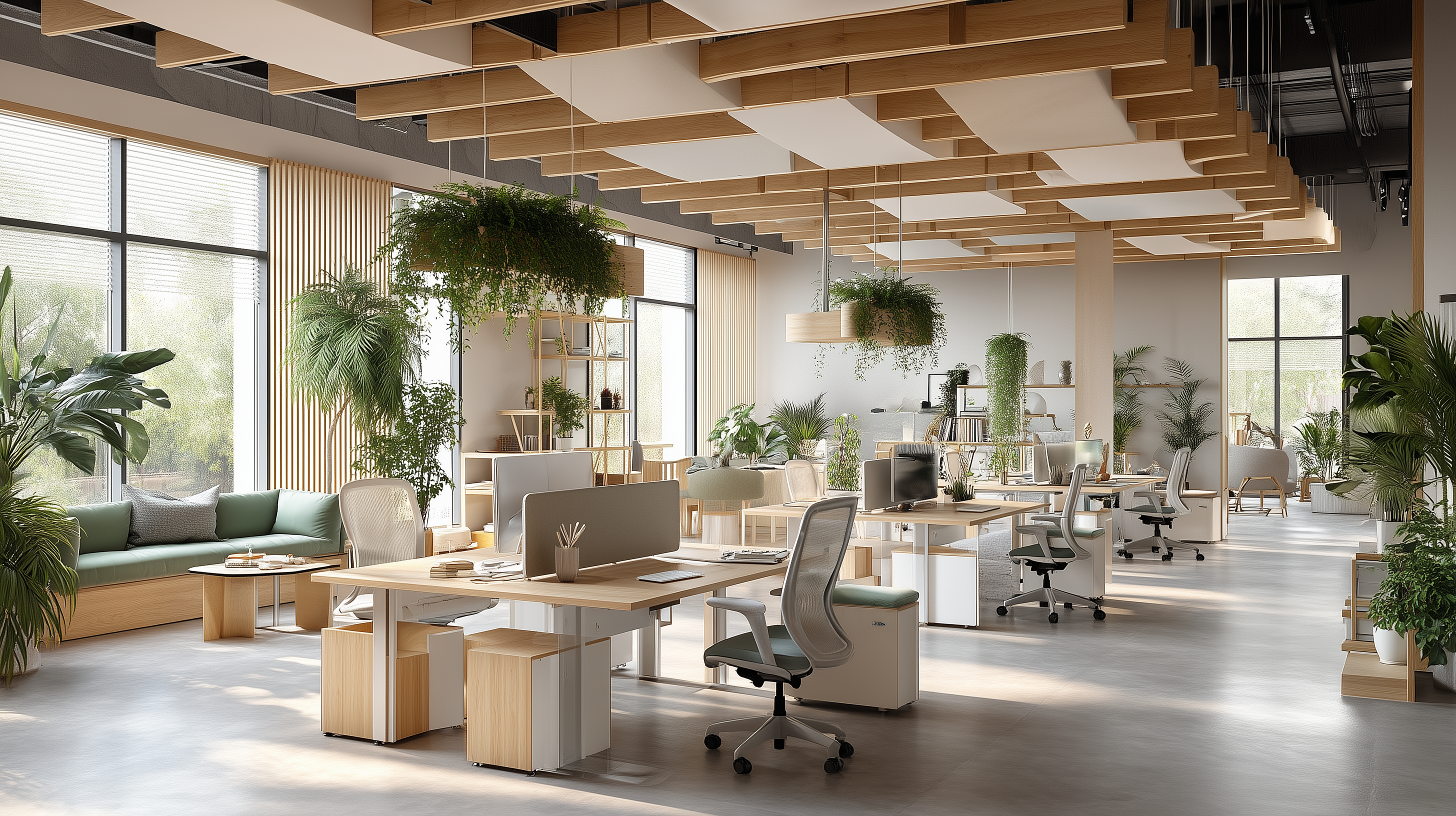Open workstation area with ergonomic desks, natural lighting, indoor plants, and a calming, minimalist design focused on workplace comfort and employee well-being.