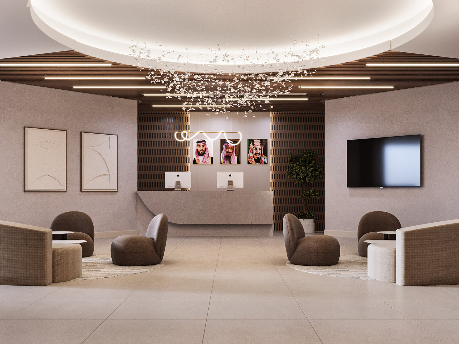 Modern reception area with elegant lounge chairs, round tables, decorative ceiling lights, and a minimalist front desk – designed by Atelier 21 KSA. Perfect for corporate offices, government projects, and luxury hospitality spaces. Best interior fit-out in Riyadh – مكتب استقبال حديث مع كراسي جلوس أنيقة وطاولات دائرية وإضاءة سقف فاخرة ومكتب استقبال عصري من مفن الرسام. مثالي للشركات والوزارات والفنادق. افضل شركة تشطيبات داخلية في الرياض