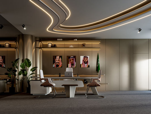 Executive workspace at the Saudi Water Authority designed by Atelier 21 KSA, featuring modern desk design, elegant wall paneling, and minimalist decor – reflecting the quality of a Top Interior Designer and Top Office Furniture Supplier in Saudi Arabia and Riyadh. مساحة عمل تنفيذية في هيئة المياه السعودية من تصميم مفن الرسام، تضم مكتباً عصرياً وجدران أنيقة وديكوراً بسيطاً يعكس تميز مفن الرسام كأفضل مصمم داخلي ومورد أثاث ومصمم مكاتب في السعودية والرياض. 3