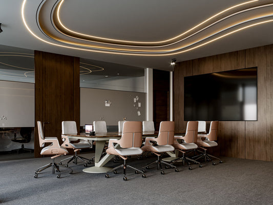 Spacious conference room at the Saudi Water Authority with panoramic city views, modern furnishings, and ambient lighting by Atelier 21 KSA – Top Interior Designer and Office Furniture Supplier in Saudi Arabia and Riyadh. غرفة اجتماعات واسعة في هيئة المياه السعودية بإطلالة بانورامية على المدينة، وأثاث عصري وإضاءة هادئة من تنفيذ مفن الرسام، مما يعكس تميز مفن الرسام كأفضل مصمم داخلي ومورد أثاث ومصمم مكاتب في السعودية والرياض. 5