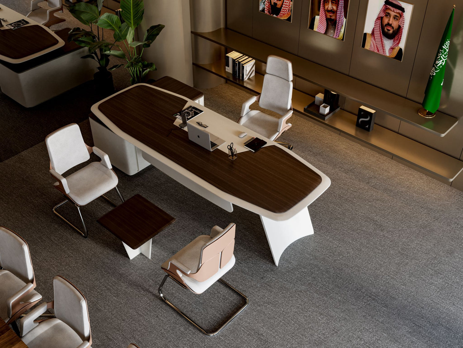 Modern executive office setup at the Saudi Water Authority, designed and furnished by Atelier 21 KSA – Top Interior Designer in Saudi Arabia and Riyadh, Top Furniture Supplier in Saudi Arabia, and Top Office Designer in Riyadh. Featuring a sleek custom office desk, ergonomic chairs, and a minimalist layout, this space reflects the innovative approach of Atelier 21 KSA as a Top Office Furniture Supplier in Saudi Arabia. تصميم مكتب تنفيذي حديث في هيئة المياه السعودية من تنفيذ مفن الرسام – أفضل مصمم داخلي في ا