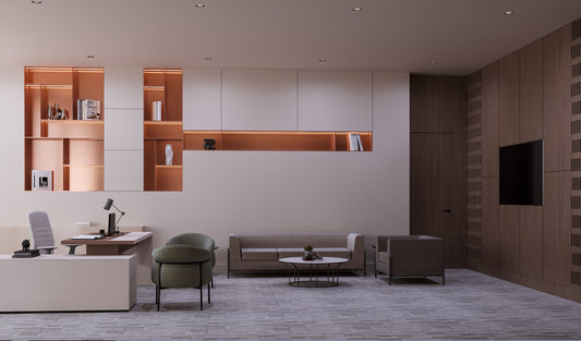 Modern executive office interior with elegant desk, designer armchair, and contemporary sofa seating. Built-in illuminated shelves with warm lighting and decorative accents add sophistication, complemented by wood panel wall with integrated TV. Sleek corporate fit-out design for professional workspaces. Best interior fit-out in Riyadh by Atelier 21 KSA – افضل شركة تشطيبات داخلية للمكاتب والشركات في السعودية. 15