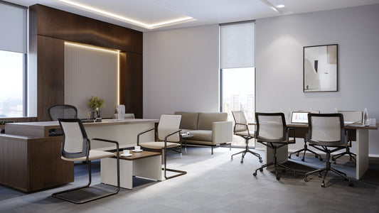 Modern executive office with wooden desk, guest chairs, meeting table, and sofa seating, designed by Atelier 21 KSA – مفن الرسام, top office furniture supplier and interior designer in Riyadh, Saudi Arabia – مكتب تنفيذي حديث يحتوي على مكتب خشبي، كراسي للضيوف، طاولة اجتماعات، ومنطقة جلوس أنيقة من مفن الرسام، أفضل مورد أثاث مكتبي وأفضل مصمم داخلي في الرياض، السعودية 6