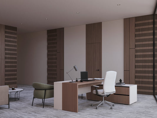 Modern executive office at Royal Commission for AlUla with wooden wall panels, sleek L-shaped desk, white ergonomic chair, and lounge seating area. Interior fit-out and furniture by Atelier 21 KSA – Best interior fit-out in Riyadh and Saudi Arabia, افضل شركة تشطيبات داخلية وأثاث مكتبي بالرياض والسعودية. 9