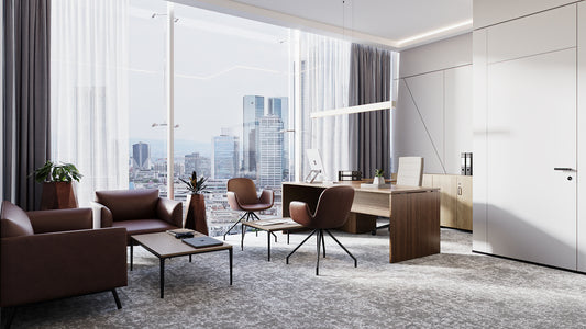 Manager’s office at Mawan Real Estate Offices in Riyadh, featuring a wooden executive desk, leather seating set, coffee table, and floor-to-ceiling windows with city views. Designed by a Top Interior Designer in Saudi Arabia and furnished by a Top Office Furniture Supplier in Riyadh, it reflects elegance and modern professionalism. مكتب مدير أنيق في شركة موان العقارية بالرياض من عمل أفضل مصمم داخلي في السعودية وتشطيب من أفضل شركة تنفيذ تشطيبات داخلية في الرياض. 7