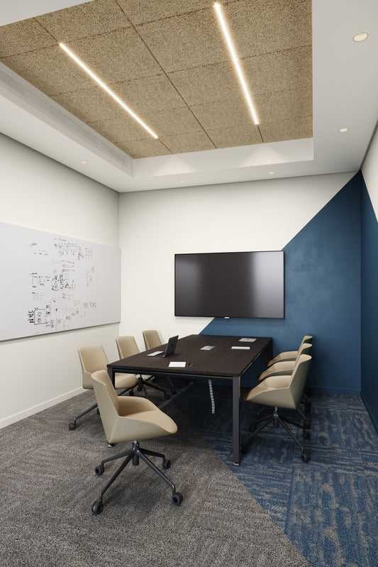 Small meeting room at Mawan Real Estate Offices in Riyadh, featuring a modern black conference table, ergonomic chairs, wall-mounted screen, and whiteboard for collaboration. Designed by a Top Interior Designer in Saudi Arabia and furnished by a Top Office Furniture Supplier in Riyadh, it supports efficiency and teamwork. غرفة اجتماعات صغيرة في شركة موان العقارية بالرياض من تصميم أفضل مصمم داخلي في السعودية وتنفيذ من أفضل شركة تنفيذ تشطيبات داخلية في الرياض. 8