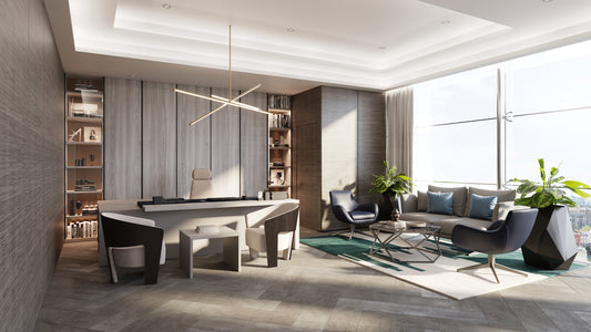 Executive office at Mawan Real Estate Offices in Riyadh, featuring a modern desk, bookshelf wall, premium lounge seating, and large windows with city views. Designed by a Top Interior Designer in Saudi Arabia and furnished by a Top Office Furniture Supplier in Riyadh, the space reflects luxury and professionalism. مكتب تنفيذي فاخر في شركة موان العقارية بالرياض من عمل أفضل مصمم داخلي في السعودية وتشطيب من أفضل شركة تنفيذ تشطيبات داخلية في الرياض. 4