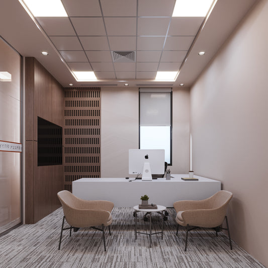 Executive office at Royal Commission for AlUla with minimalist desk, woven armchairs, and contemporary interior design by Atelier 21 KSA. Elegant workspace blending functionality and comfort with wood wall cladding, glass partitions, and modern furniture. Best interior fit-out in Riyadh and Saudi Arabia – مكتب إداري في الهيئة الملكية لمحافظة العلا بتصميم عصري أنيق مع مكتب حديث وكراسي مريحة وجدران خشبية. افضل شركة تشطيبات داخلية في الرياض والسعودية. 5