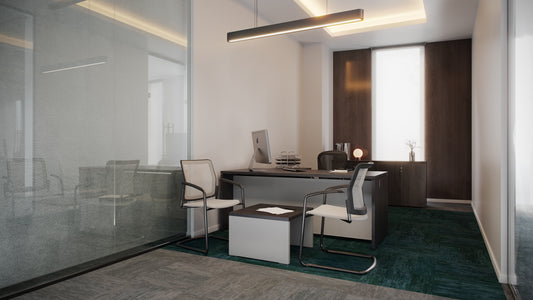 Modern private office with wooden desk, executive chair, and guest seating, designed by Atelier 21 KSA – مفن الرسام, top office furniture supplier and top interior designer in Riyadh, Saudi Arabia – مكتب خاص حديث مع مكتب خشبي أنيق وكرسي تنفيذي ومقاعد للزوار من مفن الرسام، أفضل مورد أثاث مكتبي وأفضل مصمم داخلي في الرياض، السعودية 2