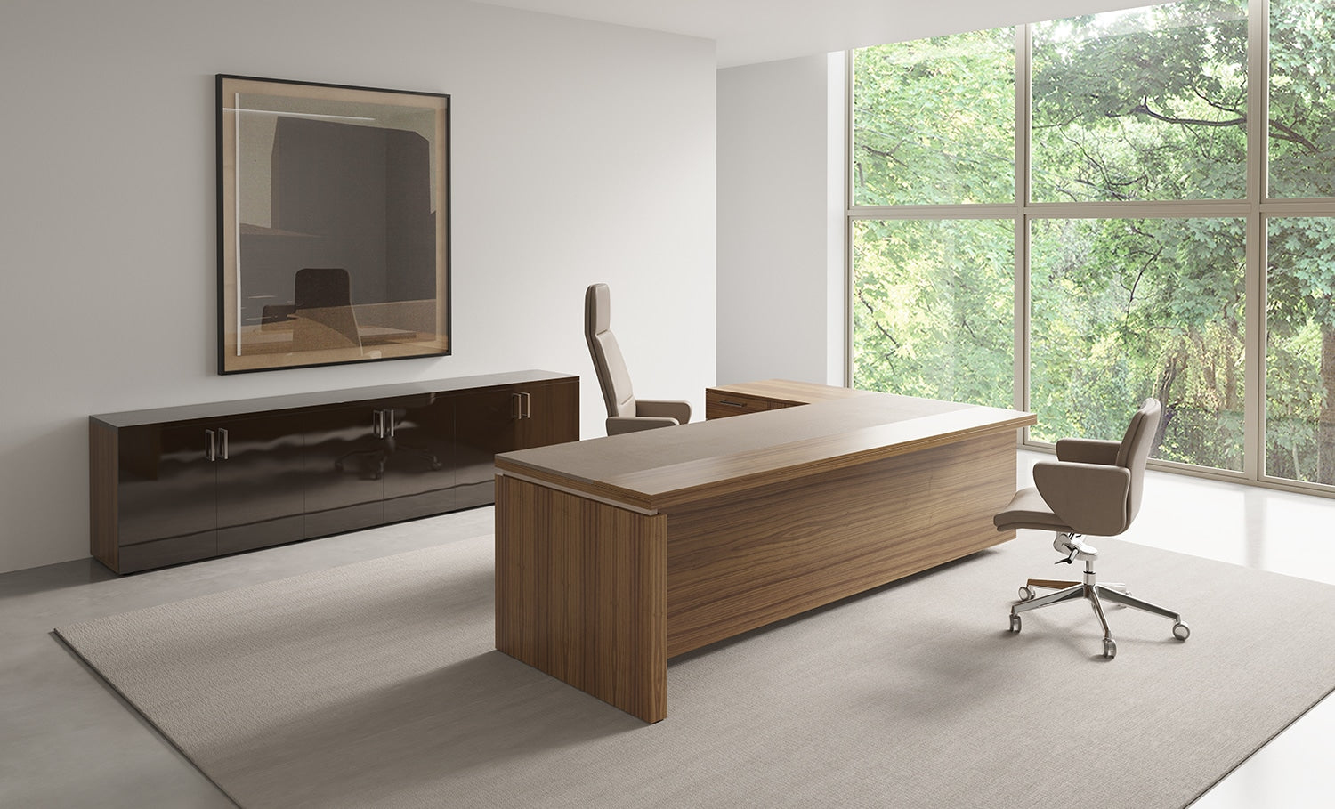 Executive office setup with modern wooden desk, beige office chair, and storage cabinet by Atelier 21 KSA – designed for CEO and manager offices, blending functionality with elegance. Best interior fit-out in Riyadh and premium office furniture supplier – مكتب إداري تنفيذي مع مكتب خشبي حديث وكرسي مكتبي بيج وخزانة تخزين من مفن الرسام، مصمم لمكاتب الرؤساء والمديرين بلمسة عملية وأنيقة. افضل شركة تشطيبات داخلية وأفضل مورد أثاث مكتبي في الرياض