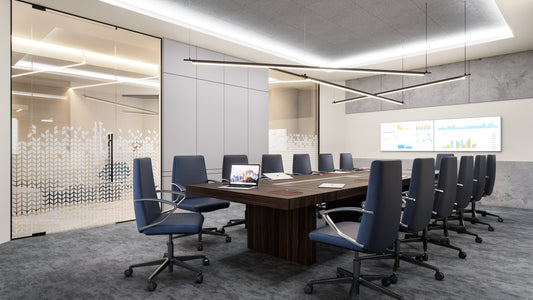 Modern boardroom at Mawan Real Estate Offices in Riyadh, featuring a long wooden conference table, executive chairs, glass partitions, and digital presentation screens. Designed by a Top Interior Designer in Saudi Arabia and furnished by a Top Office Furniture Supplier in Riyadh, it combines functionality with prestige. قاعة اجتماعات عصرية في شركة موان العقارية بالرياض من عمل أفضل مصمم داخلي في السعودية وتشطيب من أفضل شركة تنفيذ تشطيبات داخلية في الرياض. 5