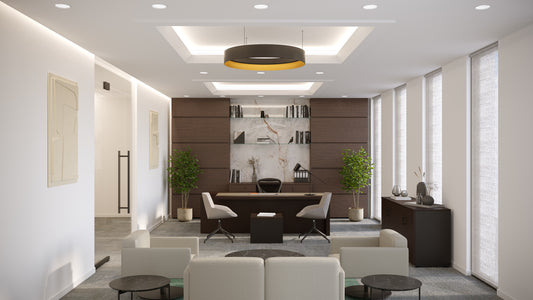 Executive office with modern wooden desk, bookshelves, guest chairs, and seating area, designed by Atelier 21 KSA – مفن الرسام, top interior designer and leading office furniture supplier in Riyadh, Saudi Arabia – مكتب تنفيذي حديث يحتوي على مكتب خشبي أنيق، رفوف كتب، كراسي للزوار، ومنطقة جلوس من مفن الرسام، أفضل مصمم داخلي وأفضل مورد أثاث مكتبي في الرياض، السعودية 5