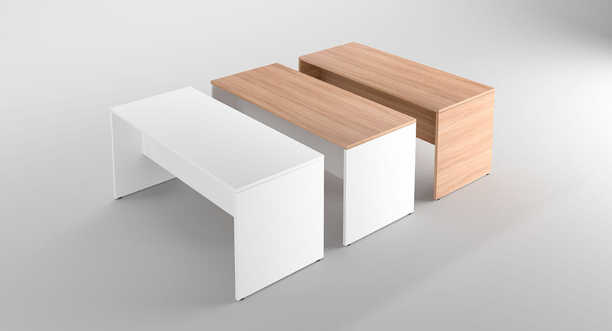 Modern office desks in minimalist white and wood finish by Atelier 21 KSA, top office furniture supplier and best interior fit-out in Riyadh – مكاتب مكتبية حديثة بتصميم بسيط باللون الأبيض والخشب من مفن الرسام، افضل شركة تشطيبات داخلية وأفضل مورد أثاث مكتبي في السعودية