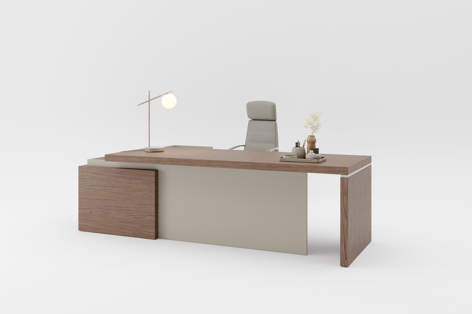 Modern executive office desk with wood and beige finish by Atelier 21 KSA – designed for CEO and manager offices, combining functionality with elegance. Best office furniture supplier and Best interior fit-out in Riyadh – مكتب إداري حديث بتشطيب خشبي وبيج من مفن الرسام، مصمم لمكاتب الرؤساء والمديرين بلمسة عملية وأنيقة. افضل شركة تشطيبات داخلية وأفضل مورد أثاث مكتبي في الرياض