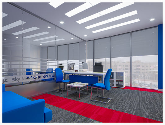 Modern office at Sky News Arabia Riyadh by Atelier 21 KSA | مفن الرسام, designed and furnished by أفضل مصمم داخلي في السعودية and Top Office Furniture Supplier in Riyadh. The space features sleek blue seating, executive desks, and smart storage, reflecting our excellence as أفضل مصمم مكاتب في الرياض and أفضل شركة تنفيذ تشطيبات داخلية في السعودية. This project reinforces our role as a Top Interior Fit-out Company in Riyadh and Saudi Arabia. 9