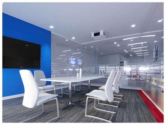 Sky News Arabia meeting room in Riyadh, designed and furnished by Atelier 21 KSA | مفن الرسام, reflecting the expertise of the أفضل مصمم داخلي في الرياض and Top Interior Fit-out Company in Saudi Arabia. The modern layout and sleek fitted furniture highlight our role as أفضل مورد أثاث مكتبي في السعودية and Top Office Furniture Supplier in Riyadh, tailored for optimal collaboration and media operations. 1