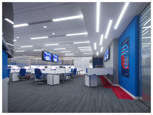 Sky News Arabia office in Riyadh, a dynamic workspace completed by Atelier 21 KSA | مفن الرسام, reflecting the identity of أفضل مصمم مكاتب في الرياض and Top Office Designer in Saudi Arabia. The project showcases modern fitted furniture and an efficient layout, positioning us as أفضل شركة تنفيذ تشطيبات داخلية في السعودية and Top Office Furniture Supplier in Riyadh. A functional yet visually bold space that meets the high standards of a media powerhouse. 4