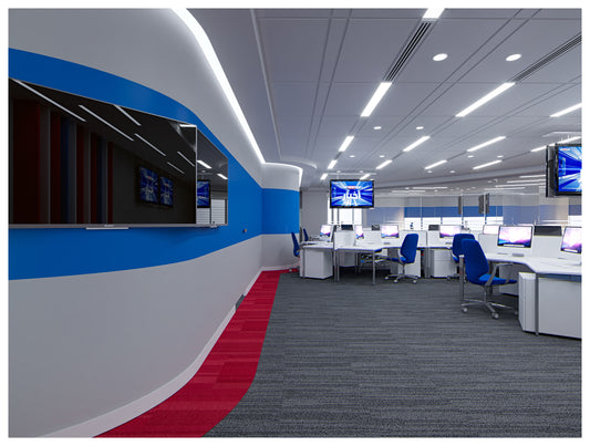 Sky News Arabia Riyadh newsroom designed by Atelier 21 KSA | مفن الرسام, featuring sleek workstations and vibrant colors. As أفضل مصمم داخلي في الرياض and Top Office Designer in Saudi Arabia, we delivered a dynamic space tailored for high-performance media work. Recognized as أفضل مورد أثاث مكتبي في السعودية, we provided top-quality furniture and fit-out solutions, proving our status as أفضل شركة تنفيذ تشطيبات داخلية في الرياض. 7