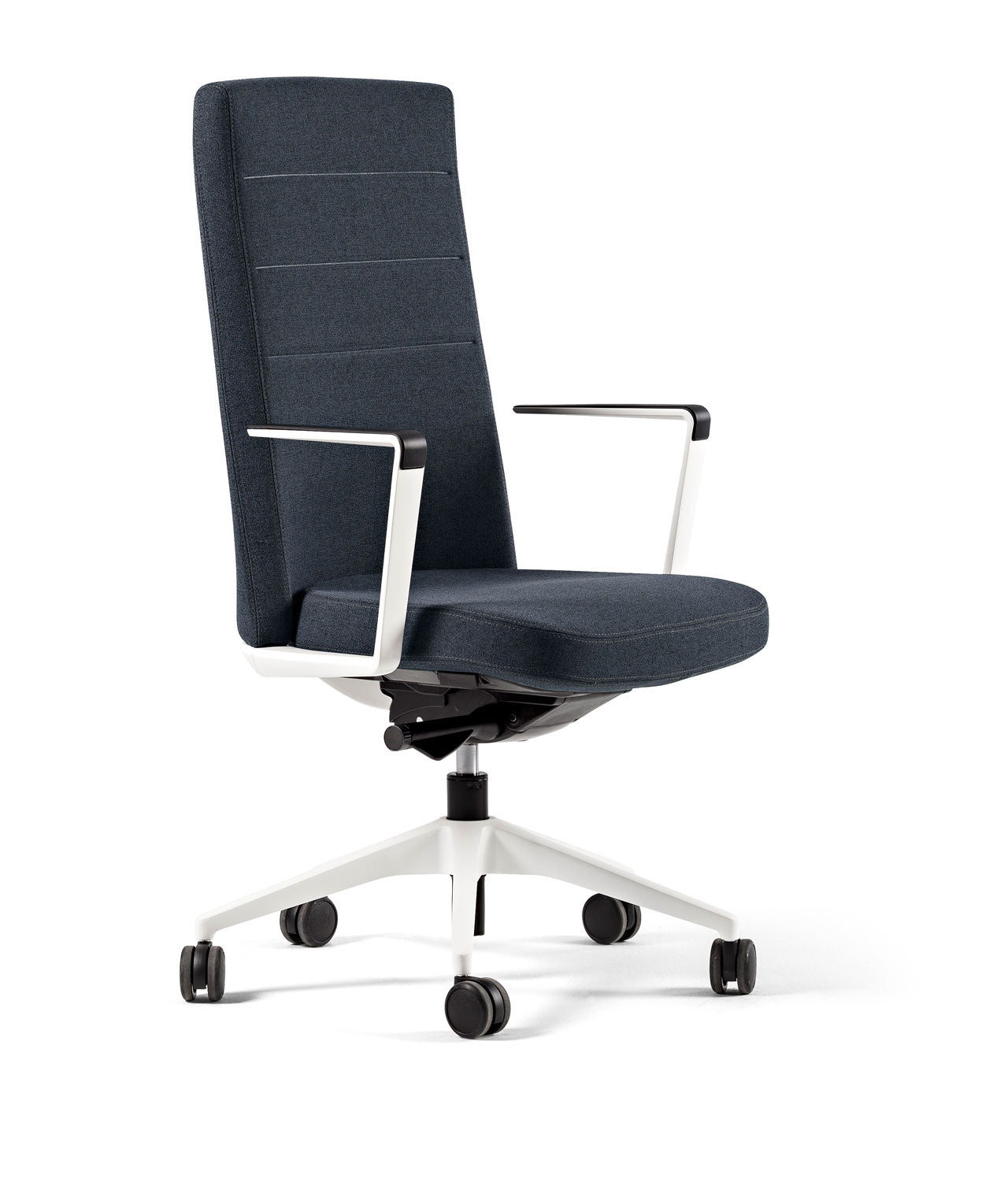 Modern ergonomic office chair with fabric upholstery, adjustable base, and caster wheels by Atelier 21 KSA. Best interior fit-out in Riyadh, top office furniture supplier, افضل شركة تشطيبات داخلية، أفضل مورد أثاث مكتبي في السعودية