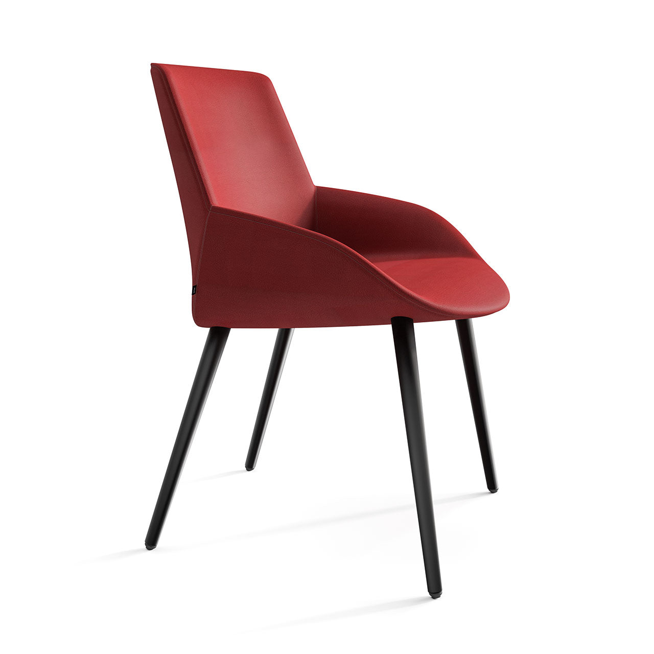 Modern red office chair with sleek upholstered seat and black metal legs by Atelier 21 KSA, top office furniture supplier and best interior fit-out in Riyadh – كرسي مكتبي أحمر حديث مع قاعدة معدنية سوداء من مفن الرسام، افضل شركة تشطيبات داخلية وأفضل مورد أثاث مكتبي في السعودية