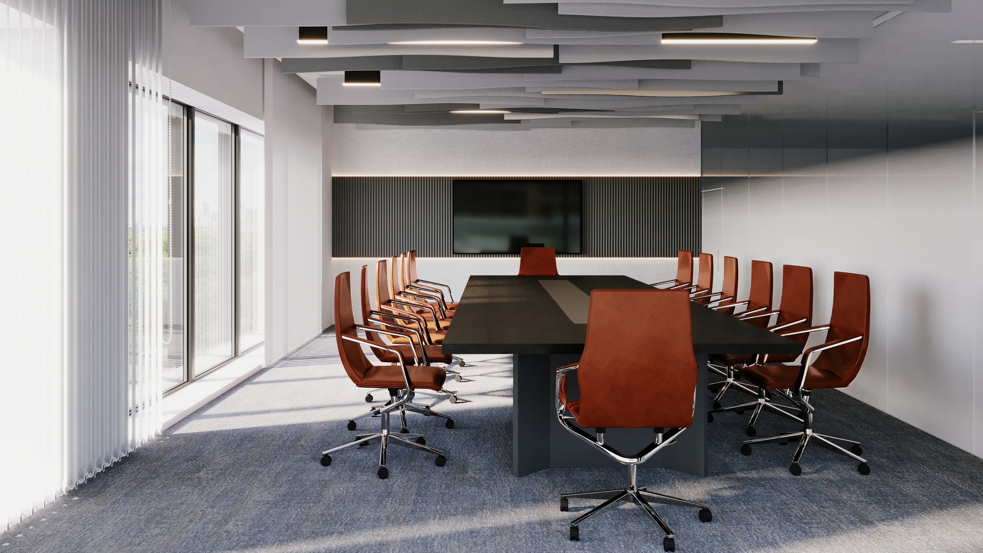 Contemporary boardroom interior featuring rich leather executive chairs, a sleek black conference table, and ceiling acoustic panels, designed by Atelier 21 KSA – Top Interior Designer and Office Furniture Supplier in Saudi Arabia and Riyadh. تصميم داخلي لغرفة اجتماعات عصرية تضم كراسي تنفيذية جلدية وطاولة سوداء أنيقة وسقف بمعالجة صوتية من تنفيذ مفن الرسام، مما يعكس تميز مفن الرسام كأفضل مصمم داخلي ومورد أثاث ومصمم مكاتب في السعودية والرياض.
