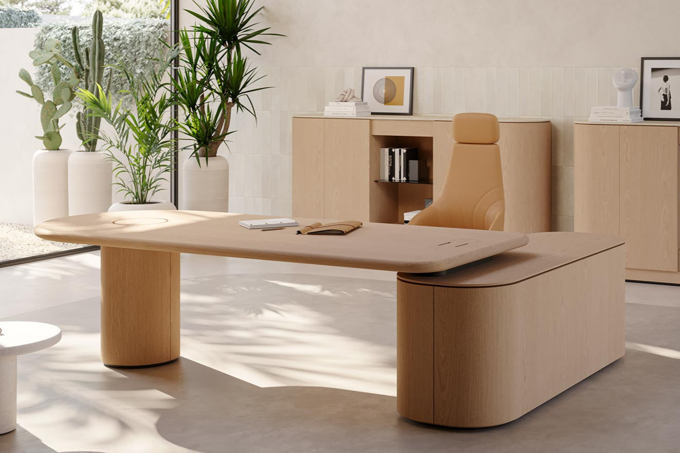 Modern office interior with a large desk, chairs, and decorative plants.