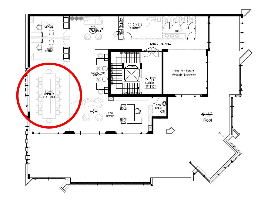 Architectural floor plan for an executive office layout showing a 14-seat boardroom, designed by Atelier 21 KSA – Top Office Designer and Interior Designer in Saudi Arabia and Riyadh. The plan includes key zones such as CEO office, lounge, and meeting rooms. مخطط معماري لمكتب تنفيذي يوضح غرفة اجتماعات تسع لـ 14 شخصاً من تصميم مفن الرسام، ويضم مكاتب تنفيذية وصالة اجتماعات ومناطق عمل، مما يعكس احترافية مفن الرسام كأفضل مصمم مكاتب ومصمم داخلي في السعودية والرياض.